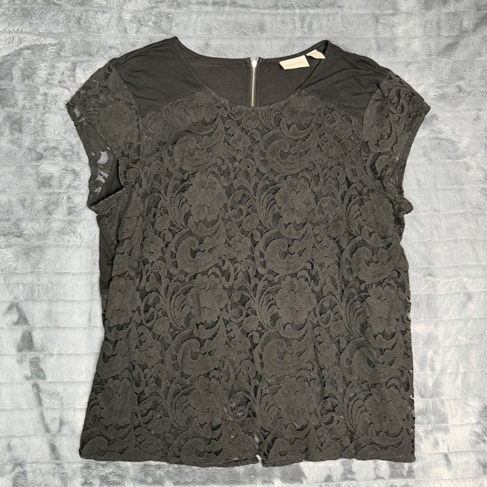 Chico's Black Lace Floral Short Sleeve Blouse Zip Round Neck Size 4 4815